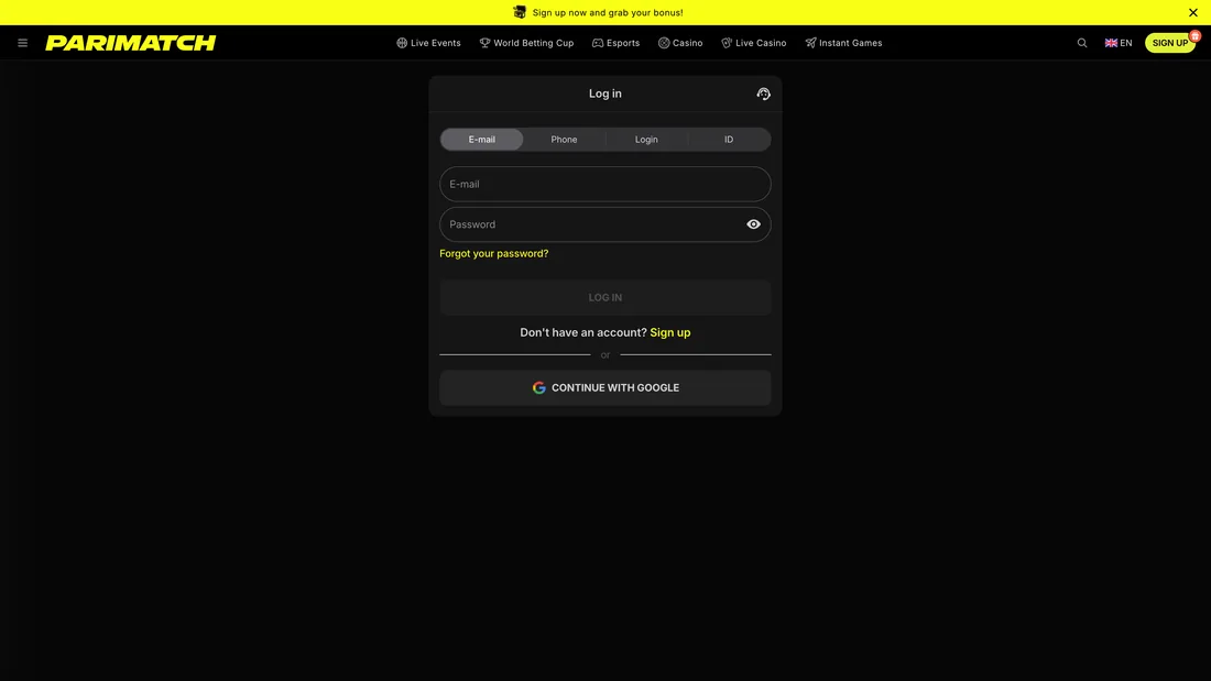 Pantalla de acceso de una plataforma de apuestas